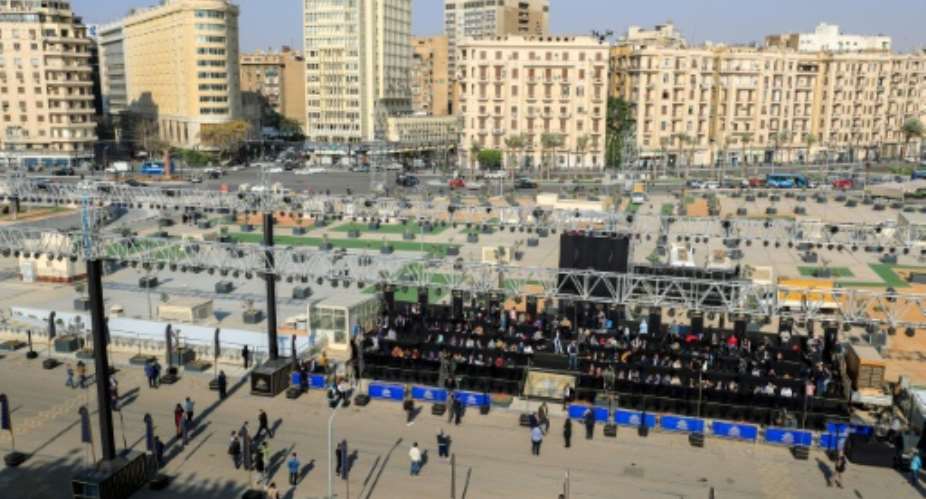 Stage set  along the parade area near the Egyptian Museum in Tahrir Square for the parade of 22 ancient Egyptian royal mummies.  By Khaled DESOUKI AFP