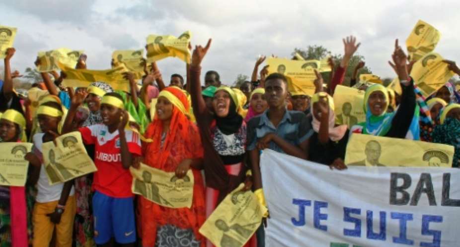 USN party supporters chant slogans on the last day of campaigning for the presidential election in Balbala on April 6, 2016.  By Houssein I Hersi cdsAFP