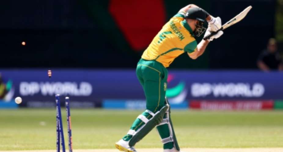 Struggle: South Africa captain Aiden Markram is bowled by Taskin Ahmed of Bangladesh during the group stages.  By ROBERT CIANFLONE (GETTY IMAGES NORTH AMERICA/AFP)