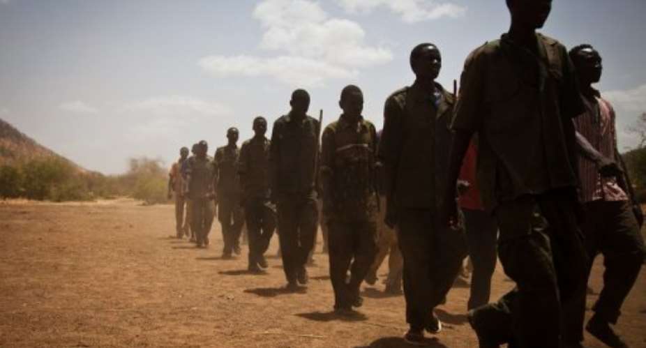 Sudan Peoples Liberation Movement rebel soldiers train in the Nuba Mountians in South Kordofan, Sudan, in April 2012..  By Adriane Ohanesian (AFP/File)