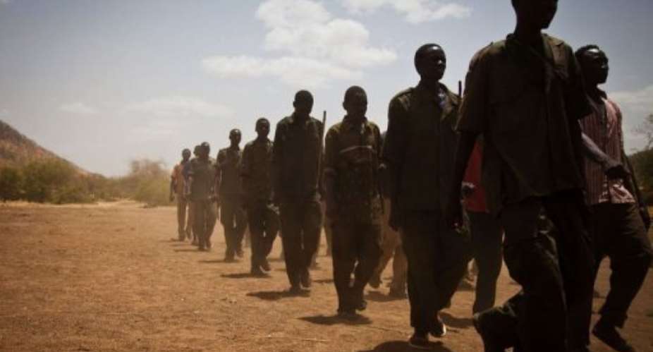 Sudan People's Liberation Movement SPLA-N rebel soldiers train in the Nuba Mountians.  By Adriane Ohanesian AFPFile