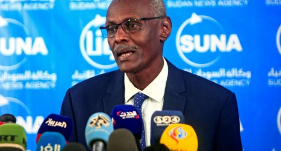 Sudan's Minister of Irrigation and Water Resources Yasser Abbas holds a press conference in the capital Khartoum.  By Ebrahim HAMID AFP