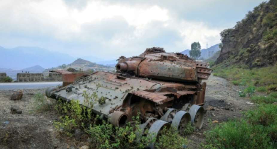 The charred remains of a tank from clashes between the Ethiopian military and the Tigray People€s Liberation Front (TPLF) in March, as tensions build.  By Abel Gerezgiher (AFP)