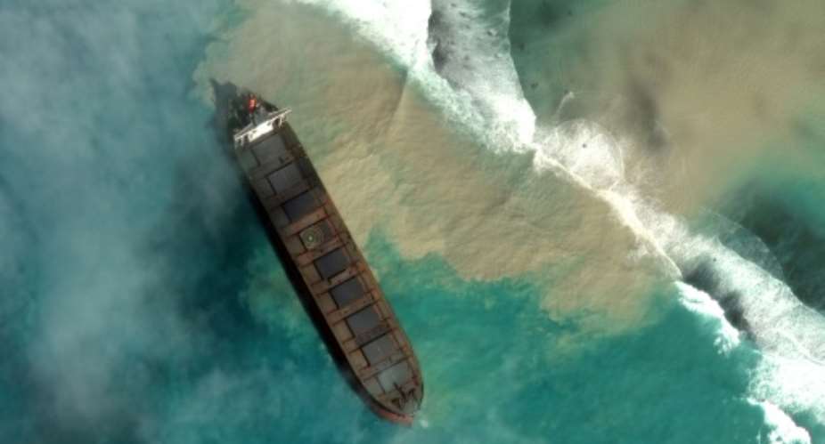 The environment ministry announced this week that oil had begun seeping from the hull.  By Handout Satellite image 2020 Maxar TechnologiesAFP