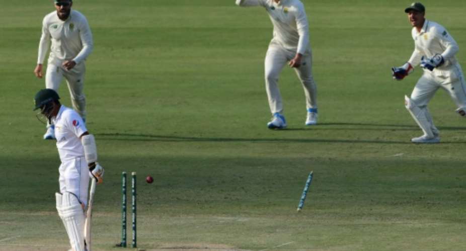 The stump flies as Pakistan's Abid Ali is bowled by Kagiso Rabada in Karachi in the first Test against South Africa.  By Asif HASSAN AFP