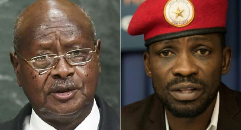The two faces of Uganda: President Yoweri Museveni, who has ruled since 1986, and pop star turned opposition leader Bobi Wine.  By Jewel SAMAD, Eric BARADAT AFPFile