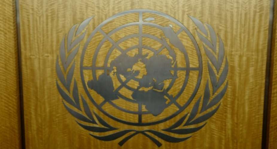 The United Nations logo in the corridors of the its headquarters in New York City.  By Ludovic MARIN AFP