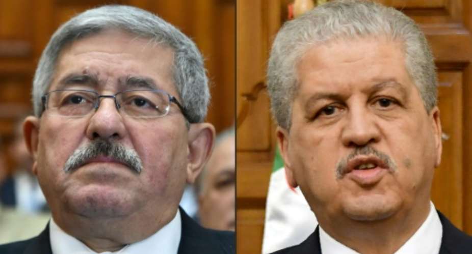 This combination of pictures created on December 10, 2019 shows file photos of then newly appointed Algerian prime minister Ahmed Ouyahia attending a congress session in the capital Algiers on September 4, 2017 and Algerian Prime Minister Abdelmalek Sellal giving a press conference on March 9, 2017 in Tunis.  By RYAD KRAMDI, FETHI BELAID AFPFile