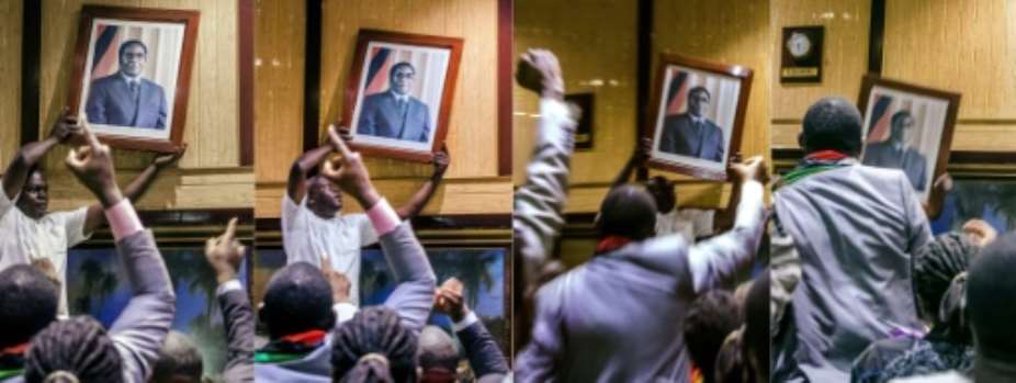 This combination of pictures showsthe removal of Robert Mugabe's portrait, after his resignation as president on November 21, 2017, from a wall in the conference centre where MPs had gathered to impeach him.  By Jekesai NJIKIZANA AFP