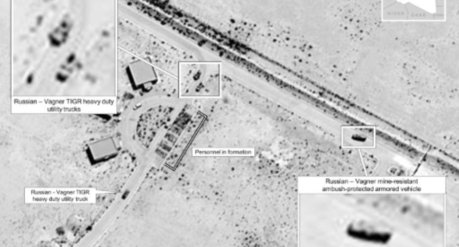 This July 14, 2020 satellite image released by the US Africa Command reportedly shows proof of Russia's involvement in Libya by showing Wagner utility trucks and Russian mine-resistant, ambush-protected armored vehicles in Sirte.  By - US Africa CommandAFP