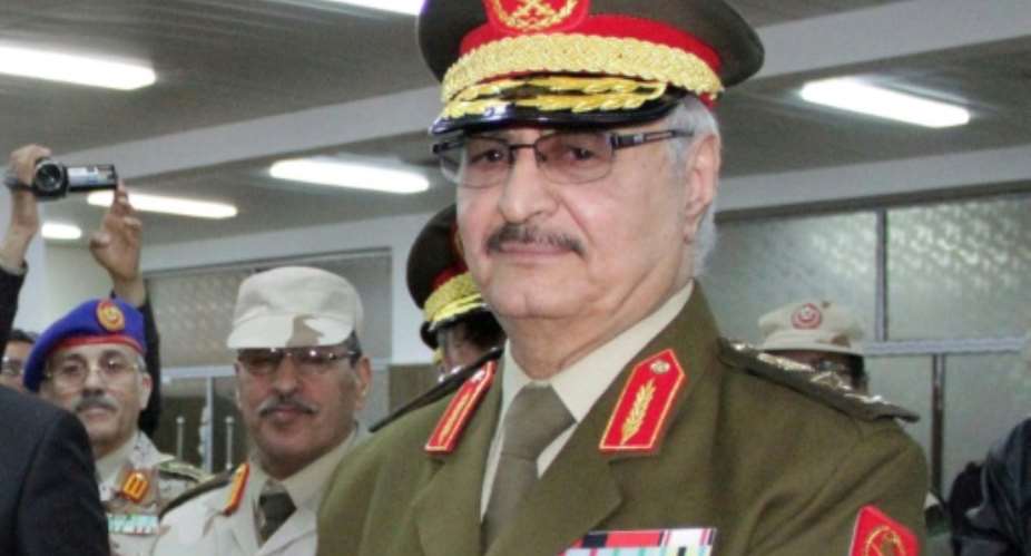 This photo taken on March 9, 2015 in the eastern Libyan city of Tobruk shows Libyan anti-Islamist General Khalifa Haftar attending his swearing in ceremony as the new self-styled Libyan National Army chief.  By STR AFPFile