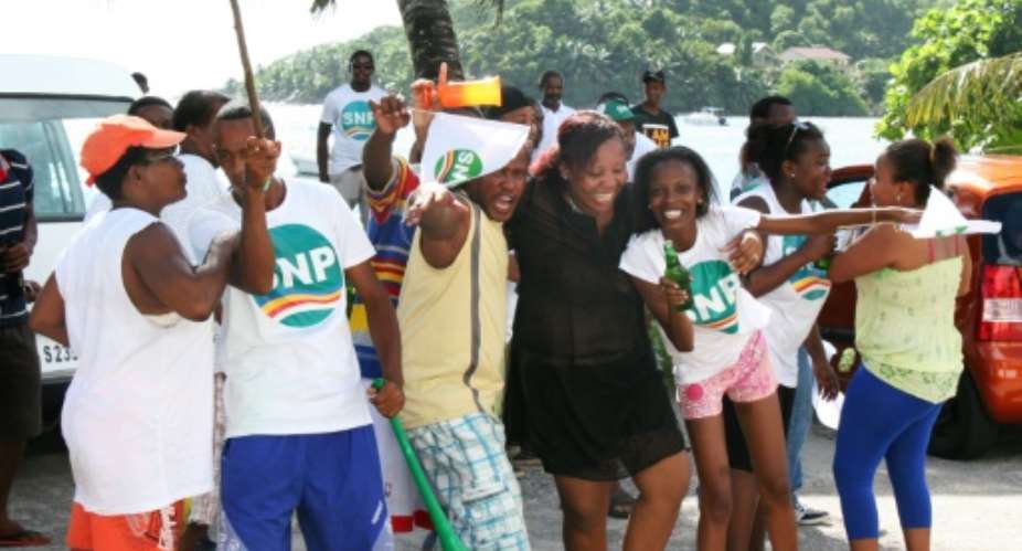 Supporters of opposition leader Wavel Ramkalawan celebrate after the announcement of a second round of presidential election, in the Seychelles, on December 6, 2015.  By Rassin Vannier (AFP/File)