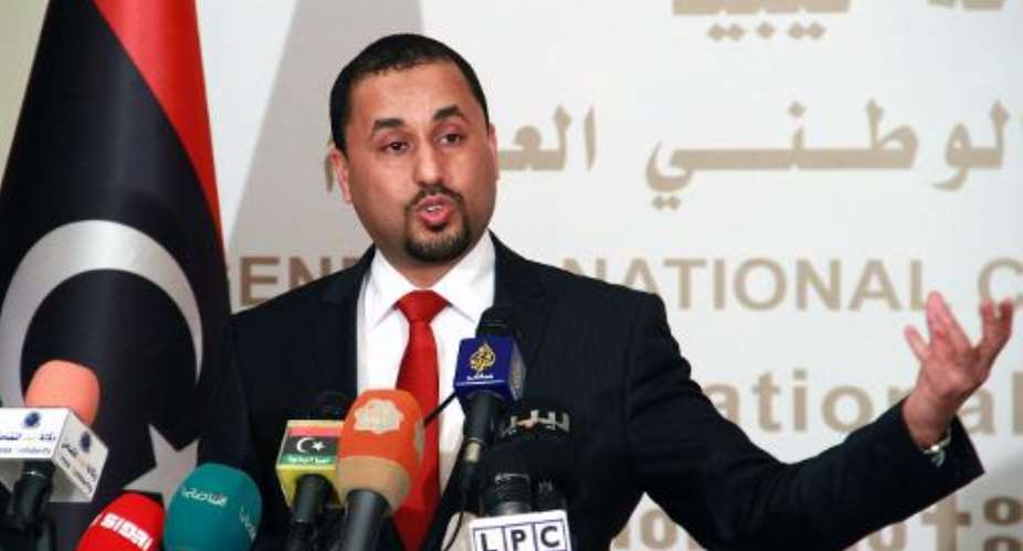 Saleh al-Makzom, Libyan deputy president of the General National Congress, speaks during a press conference on January 29, 2015 in Tripoli.  By Mahmud Turkia AFP