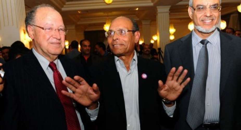 L-R: Mustapha Ben Jaafar, Moncef Marzouki, and Hamadi Jebali.  By Fethi Belaid AFP