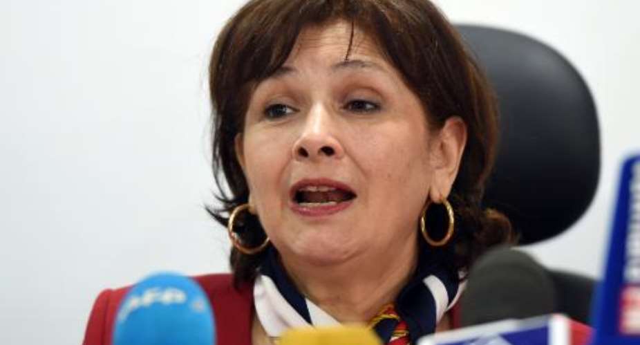 Sihem Bensedrine, president of the Forum of Truth and Dignity speaks to journalists during a press conference in Tunis on May 27, 2015.  By Fethi Belaid AFP