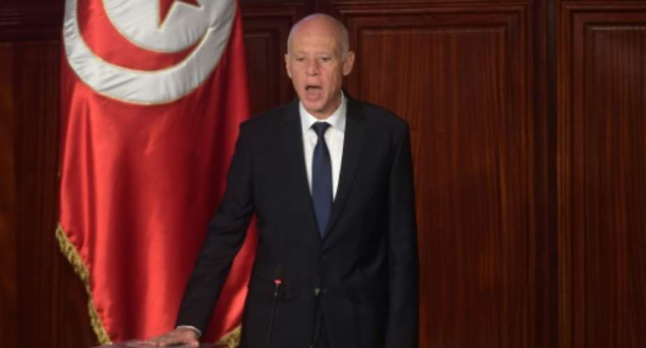 Tunisia's new President Kais Saied, an academic nicknamed Robocop for his rigid and austere manner, takes the oath of office after his upstart election victory earlier this month.  By Fethi Belaid AFP