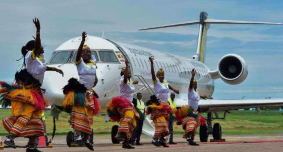 Two Bombardier CRJ900 jet airliners, which can carry up to 90 people each, landed at Entebbe airport outside the capital Kampala during a ceremony attended by President Yoweri Museveni.  By Nicholas BAMULANZEKI AFP