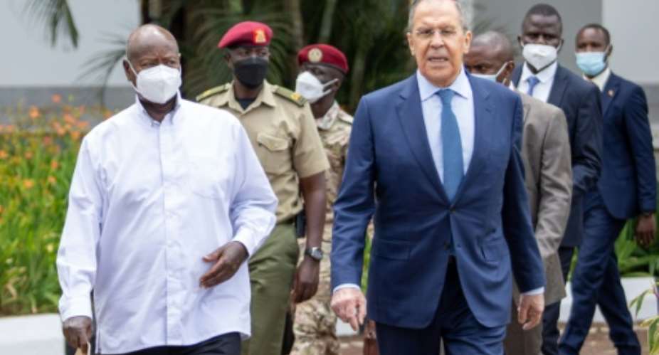 Ugandan President Yoweri Museveni (left) held talks with visiting  Russian Foreign Minister Sergei Lavrov.  By BADRU KATUMBA (AFP)