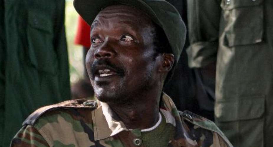 This picture taken on November 12, 2006 shows Joseph Kony answering journalists' questions at Ri-Kwamba, in Southern Sudan.  By Stuart Price PoolAFPFile