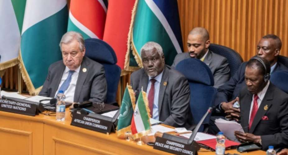 UN chief Antonio Guterres and AU commission chairman Moussa Faki Mahamat (C) attended a meeting on the DRC conflict.  By Amanuel Sileshi (AFP)