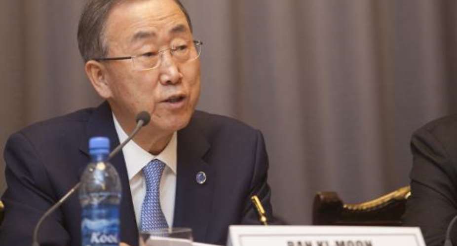 The secretary general of the United Nations Ban Ki-Moon speaks during a press conference in Addis Ababa on October 27, 2014.  By Zacharias Abubeker AFPFile