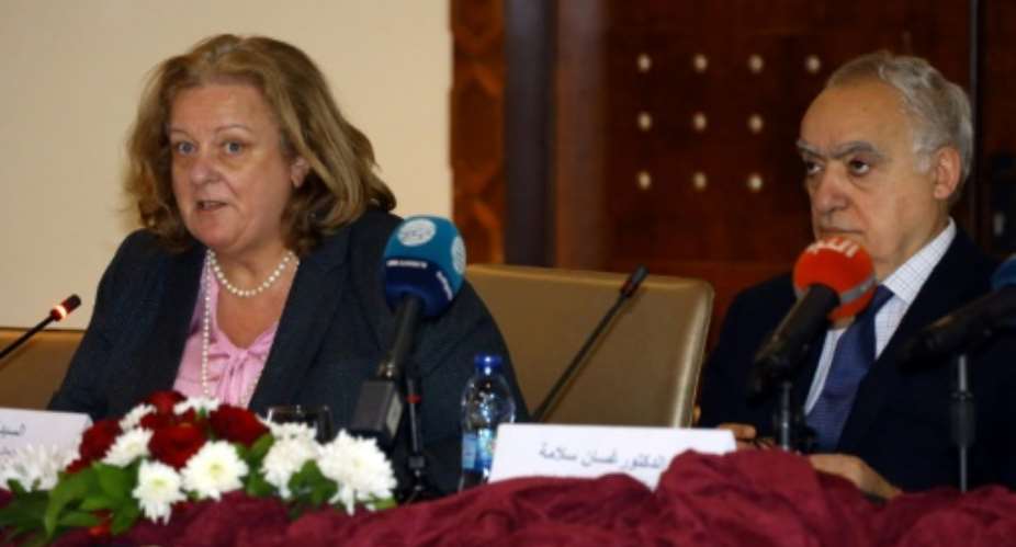 UN humanitarian coordinator for Libya, Maria Ribeiro L, and UN envoy for Libya, Ghassan Salame, outline the priorities for a Humanitarian Response Plan for 2018 in the capital Tripoli.  By Mahmud TURKIA AFP