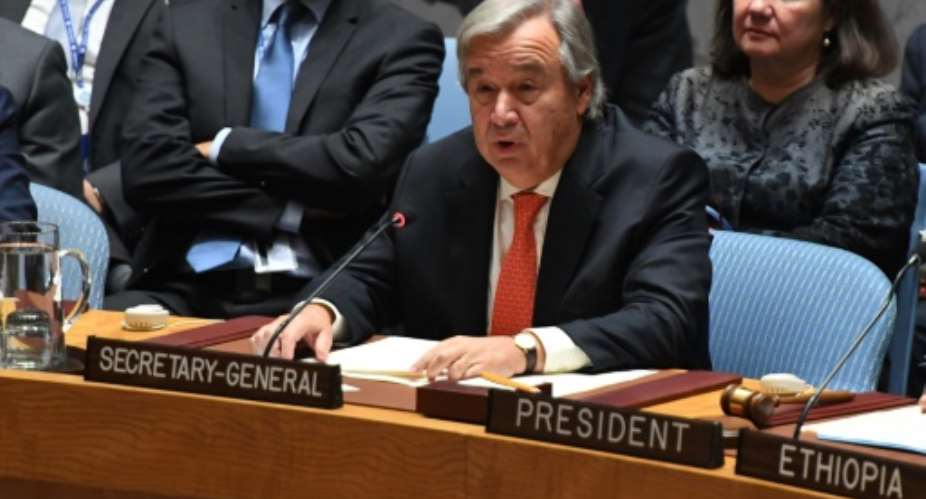 UN Secretary-General Antonio Guterres, seen here speaking before the UN Security Council September 28, says South Sudan apologized for an incident in which the commander of a UN peacekeeping convoy was stopped and beaten by government security forces.  By TIMOTHY A. CLARY AFPFile