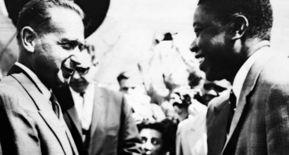 UN Secretary-General Dag Hammarskjold, welcomed by Mose Kapenda Tshombe, leader of the Katanga province of Belgian Congo, now the Democratic Republic of the Congo, in 1960.  By  AFP