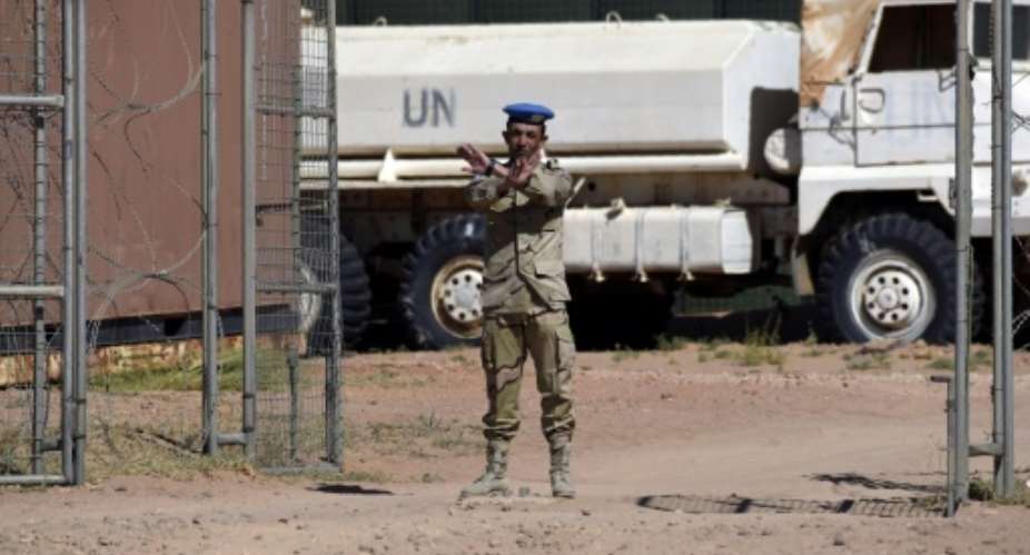 A member of the United Nations peace mission MINURSO at a base in Bir-Lahlou, in the disputed territory of Western Sahara, on March 5, 2016.  By Farouk Batiche AFPFile