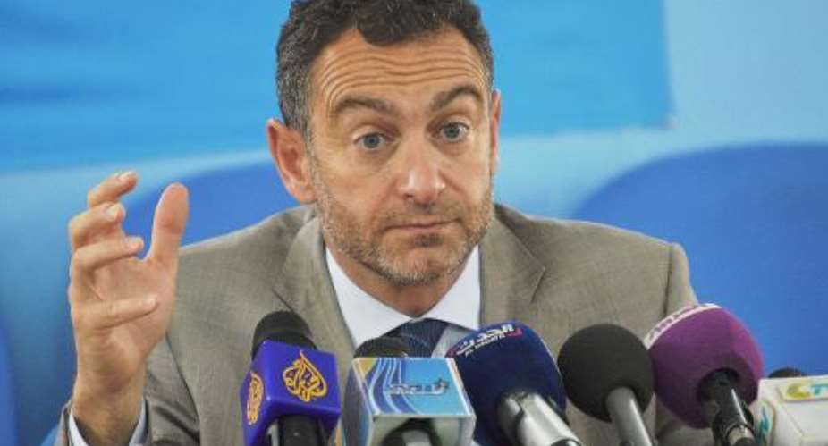 United Nations Humanitarian Coordinator in South Sudan, Toby Lanzer talks to the media during a press conference on August 28, 2014.  By Samir Bol AFP