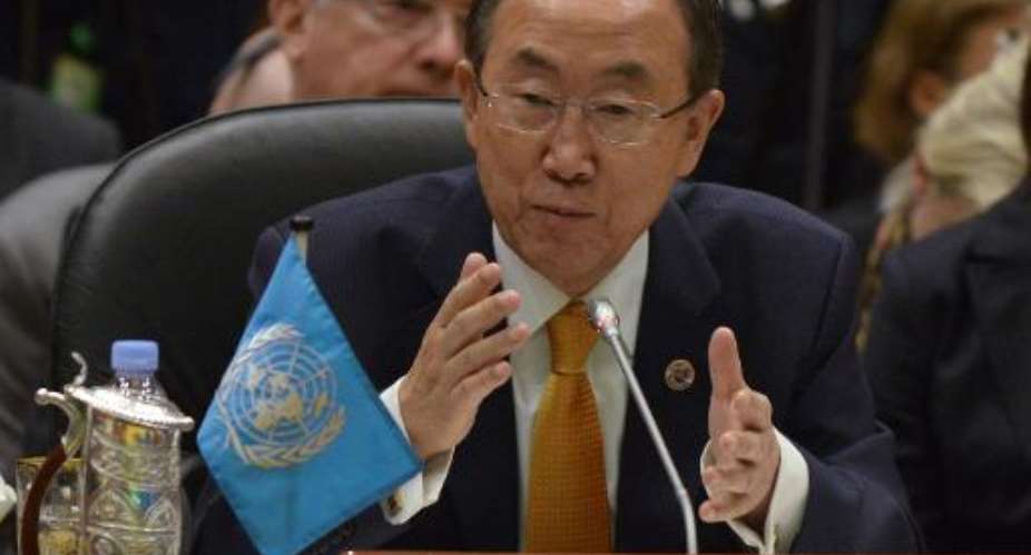 UN Secretary General Ban Ki-Moon speaks at the 5th ASEAN – U.N. Summit in Bandar Seri Begawan on October 10, 2013.  By Philippe Lopez AFPFile