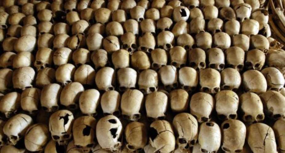 Skulls of victims of the Ntarama massacre during the 1994 genocide are lined in the Genocide Memorial Site church.  By Gianluigi Guercia AFPFile