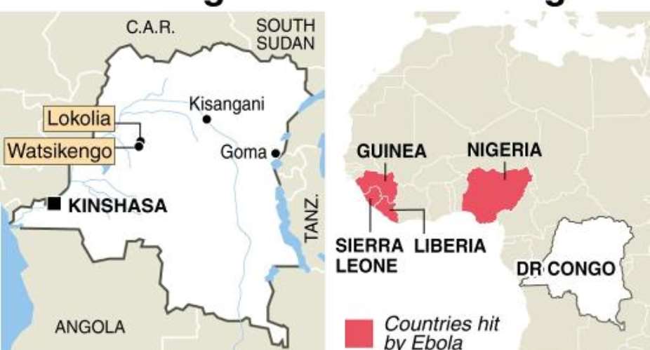 Map showing two cities in DR Congo hit by an epidemic of haemorrhagic fever.  By  AFP