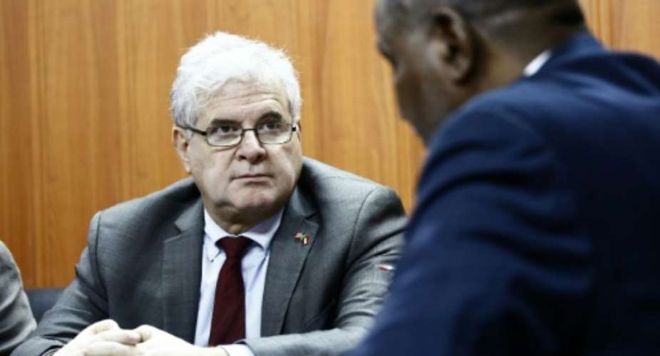 United States' top envoy in Sudan, Steven Koutsis L, meets with North Darfur deputy governor Mohamed al-Nabi on June 18, 2017, in the conflict-wracked region's capital Al-Fashir.  By ASHRAF SHAZLY AFP