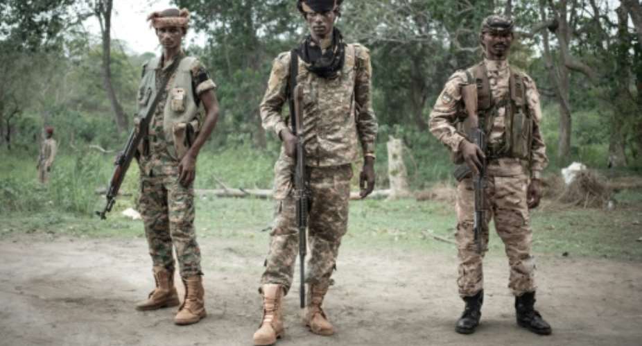 UPC militiamen, pictured near Bambari in 2019.  By FLORENT VERGNES AFP