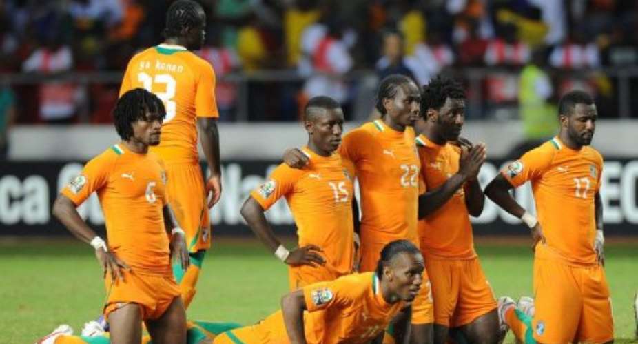 L-R Ivory Coast's Jean-Jacques Gosso,  captain Didier Drogba, Max Gradel, Souleman Bamba, Wilfried Bony, Siaka Tiane.  By Franck Fife AFP
