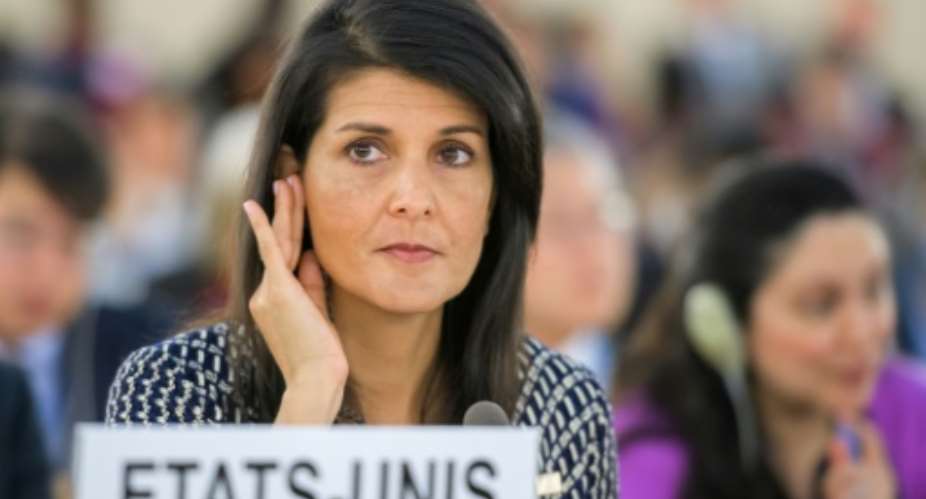 US Ambassador to the United Nations Nikki Haley, seen here at a session in June of the UN Human Rights Council, is criticizing African states for backing a bid by the Democratic Republic of Congo to gain a seat on the Geneva-based body.  By Fabrice COFFRINI AFPFile