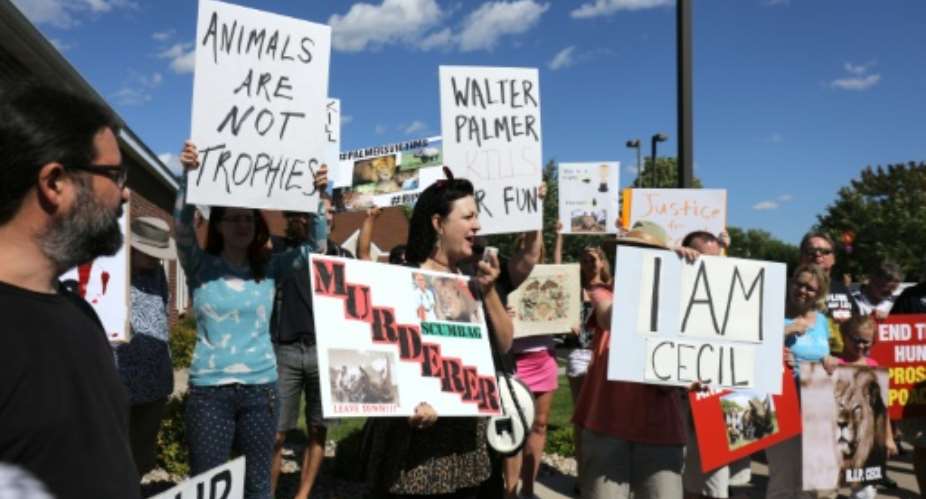 Rachel Augusta leads a protest against the killing of Cecil the lion in the parking lot of hunter Dr. Walter Palmer's River Bluff Dental Clinic on July 29, 2015 in Bloomington, Minnesota.  By Adam Bettcher GettyAFPFile