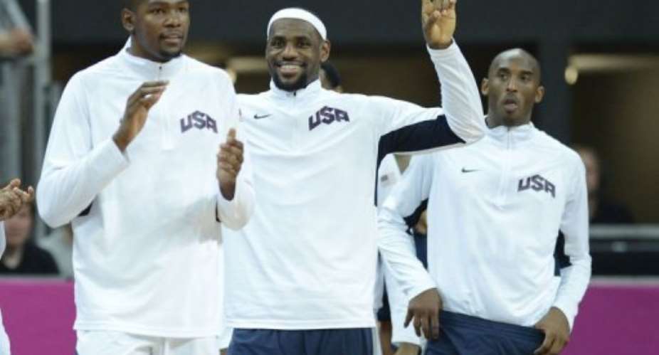 US forward LeBron James C, US guard Kobe Bryant R, and US forward Kevin Durant L.  By Timothy A. Clary AFPPool