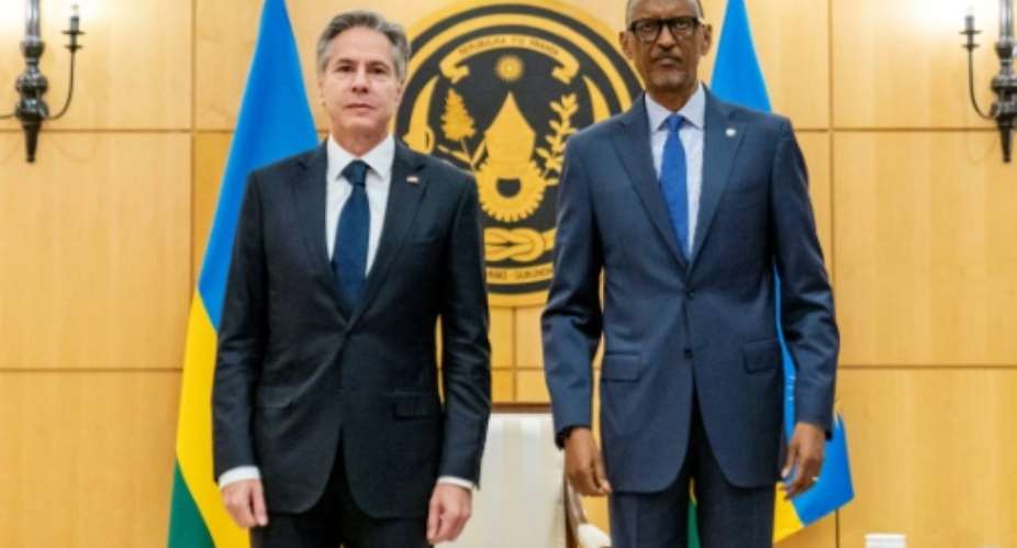US Secretary of State Antony Blinken left met Rwandan President Paul Kagame on the final leg of an African tour.  By Andrew Harnik POOLAFP