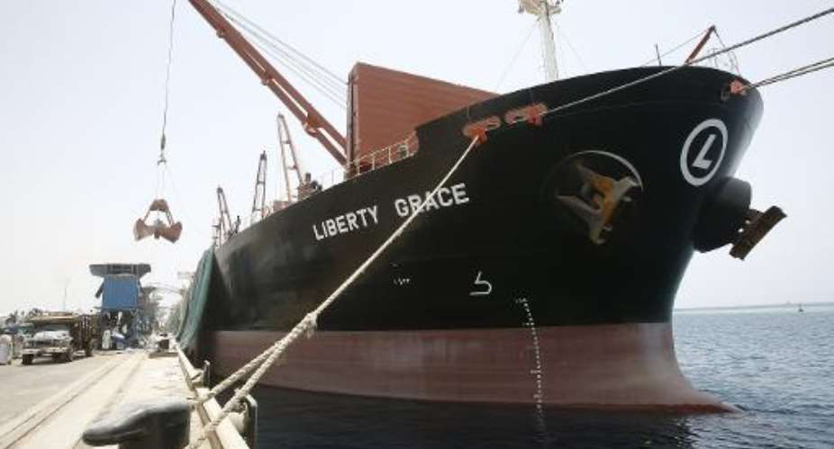 The US vessel Liberty Grace docked at Port Sudan, to deliver 47,500 metric tons of sorghum from USAID on May 26, 2015.  By Ashraf Shazly AFP