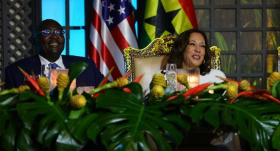 US Vice President Kamala Harris attended a state dinner with Ghana's Vice President Mahamudu Bawumia in Accra, part of her three-nation African trip.  By Nipah Dennis AFP