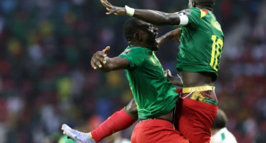 Vincent Aboubakar R celebrates scoring his second goal, and Cameroon's third, in their 4-1 defeat of Ethiopia at the Africa Cup of Nations.  By Kenzo Tribouillard AFP
