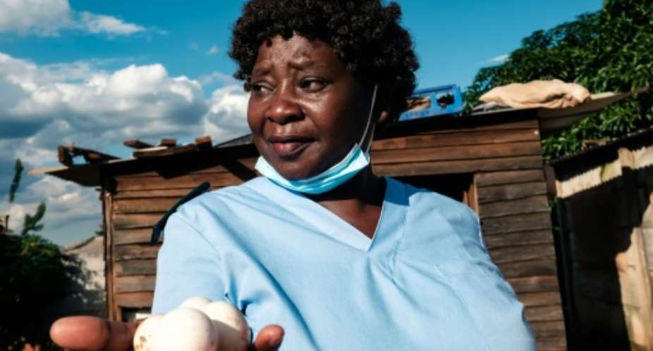 Virginia Mutsamwira is a highly skilled nurse but is so poorly paid that she raises chickens to help make ends meet.  By Jekesai NJIKIZANA AFP