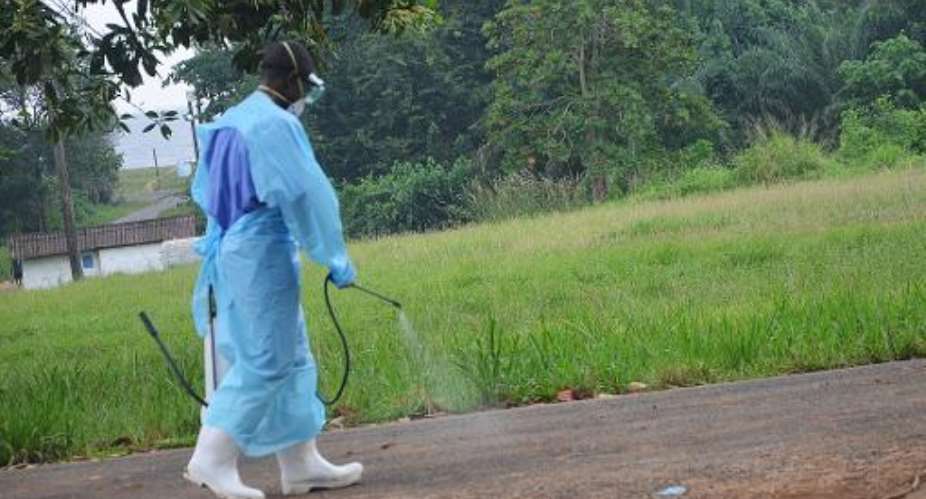 A picture taken on July 24, 2014 shows a staff member of the Christian charity Samaritan's Purse spraying product as he treats the premises outside the ELWA hospital in the Liberian capital Monrovia.  By Zoom Dosso AFPFile