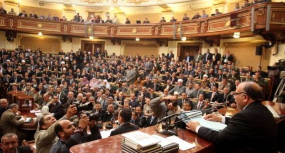 Speaker of the Egyptian parliament, Saad al-Katatni of the Muslim Brotherhood, addresses the parliament.  By Khaled Elfiqi AFPPOOLFile