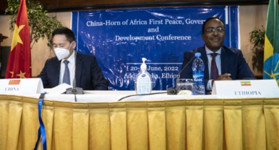 Xue Bing, China's special envoy to the Horn of Africa left is pictured with Ethiopian national security adviser Redwan Hussein.  By Amanuel Sileshi AFP