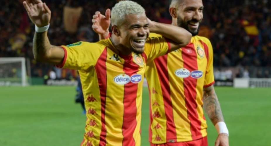 Yan Sasse L celebrates scoring for Esperance of Tunisia against Mamelodi Sundowns of South Africa in a CAF Champions League semi-final first leg in Rades.  By Fethi Belaid AFP
