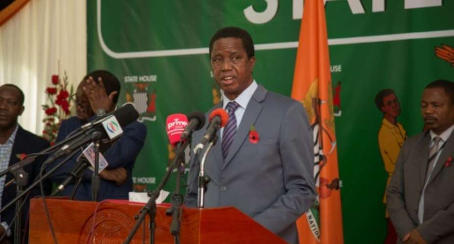Zambian President Edgar Lungu pictured during a November 2019 press briefing  made the appeal in a telephone call with his Chinese counterpart Xi Jinping.  By SALIM DAWOOD AFPFile