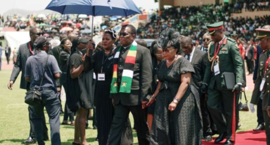 Zimbabwe President Emmerson Mnangagwa arrives at the Independence Stadium in Windhoek, Namibia in February 2024 for the memorial service of late president Hage Geingob.  By Michael Petrus AFPFile